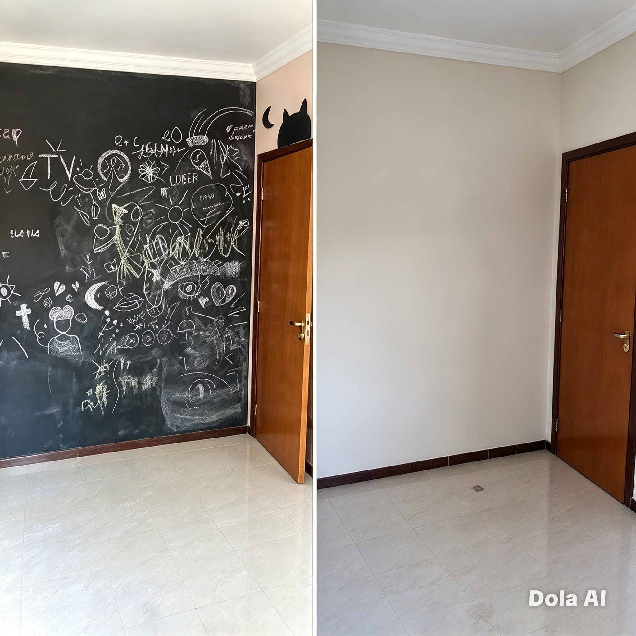 Antes e depois: parede de quadro-negro riscada e a mesma parede pintada em tom claro